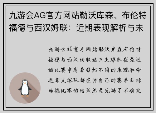 九游会AG官方网站勒沃库森、布伦特福德与西汉姆联：近期表现解析与未来展望 - 副本